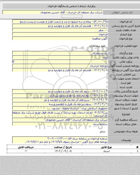 مناقصه, ش/۴۰۲/۱۳- انجام خدمات بهره برداری از پست های فوق توزیع شرکت برق منطقه ای خراسان