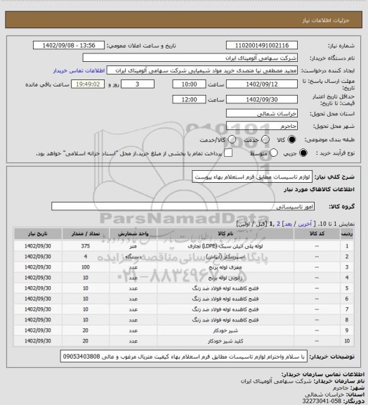 استعلام لوازم تاسیسات مطابق فرم استعلام بهاء پیوست