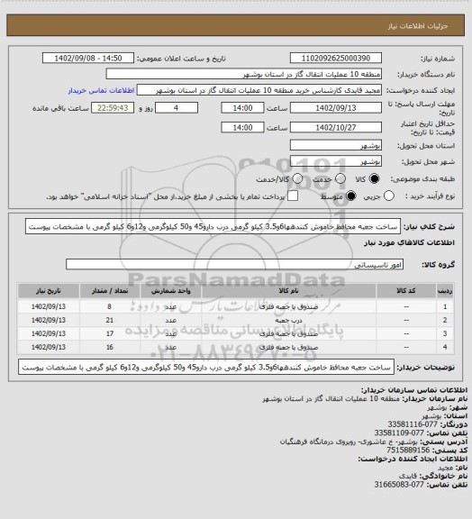 استعلام ساخت جعبه محافظ خاموش کنندهها6و3.5 کیلو گرمی درب دارو45 و50 کیلوگرمی و12و6 کیلو گرمی با مشخصات پیوست