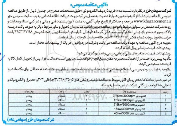 مناقصه خرید 5 ردیف الکتروموتور