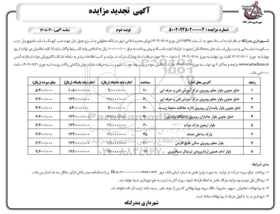 تجدید مزایده اجاره محل هایی جهت نصب کیوسک با سازه ساندویچ پنل، ... - نوبت دوم