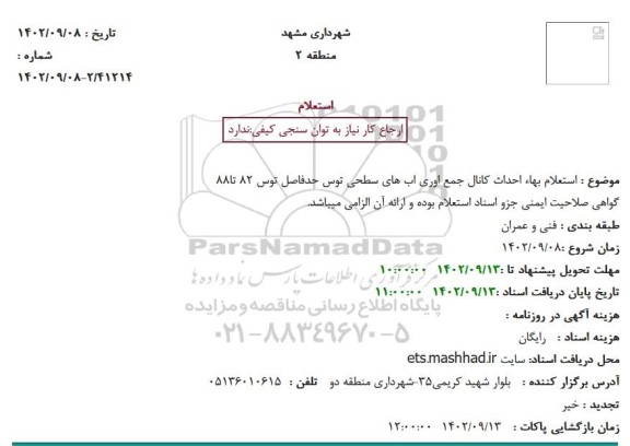  استعلام بهاء احداث کانال جمع اوری اب های سطحی توس حدفاصل 