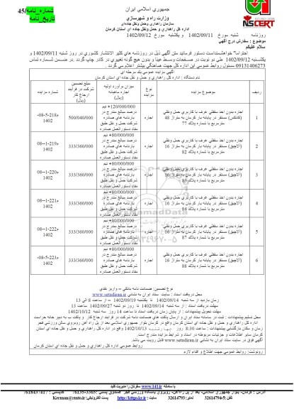 مزایده اجاره بدون اخذ سرقفلی غرف با کاربری حمل و نقلی کانکس مستقر در پایانه بار