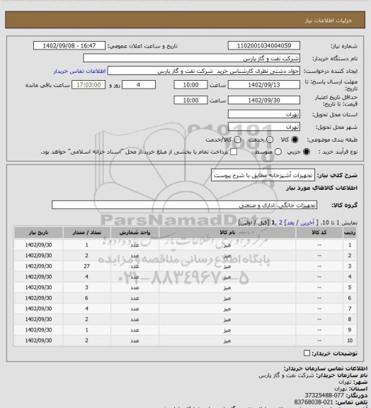 استعلام تجهیزات آشپزخانه مطابق با شرح پیوست