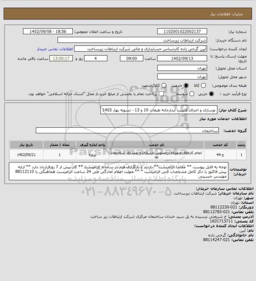 استعلام نوسازی و اجرای کابینت آبدارخانه طبقات 10 و 13 - تسویه بهار 1403، سامانه تدارکات الکترونیکی دولت