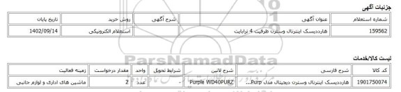 استعلام الکترونیکی، هارددیسک اینترنال وسترن  ظرفیت 4 ترابایت
