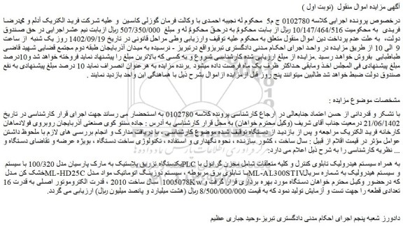 مزایده فروش یکدستگاه تزریق پلاستیک به مارک پارسیان مدل 100/320 با سیستم PLC به همراه سیستم هیدرولیک تابلوی کنترل و کلیه متعلقات