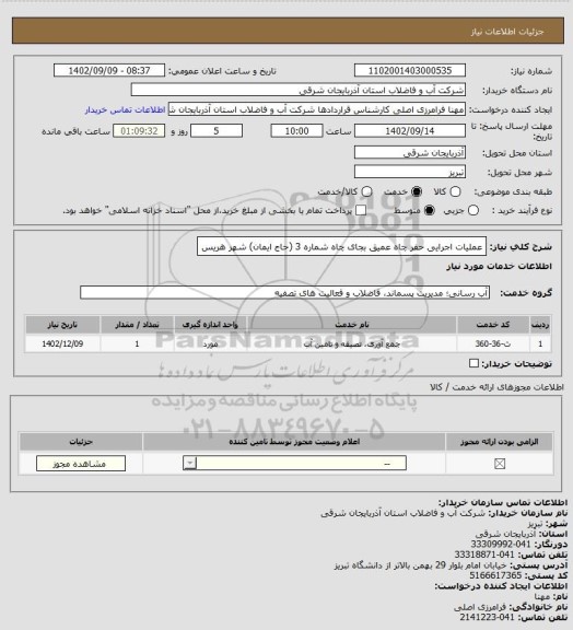 استعلام عملیات اجرایی حفر چاه عمیق بجای چاه شماره 3 (حاج ایمان) شهر هریس