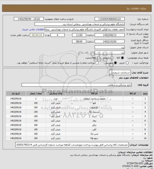 استعلام استاندارد شیمیایی