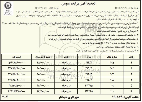 تجدید مزایده فروش تعداد 6 قطعه زمین مسکونی - نوبت دوم