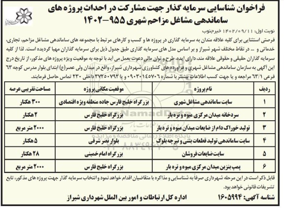 فراخوان شناسایی سرمایه گذاری جهت مشارکت در احداث پروژه های ساماندهی مشاغل مزاحم
