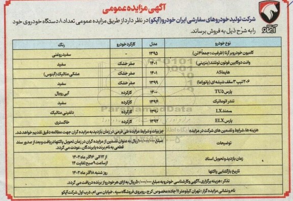 مزایده تعداد 8 دستگاه خودرو