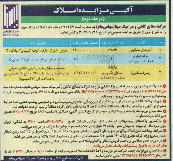 مرحله دوم مزایده واگذاری املاک مازاد شامل آپارتمان مسکونی، غرفه تجاری و زمین مسکونی