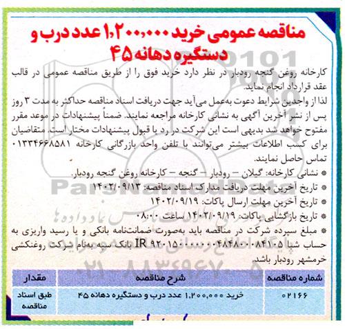 مناقصه خرید 1.200.000 عدد درب و دستگیره دهانه 45