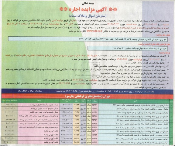 مزایده اجاره تعدادی از املاک تجاری