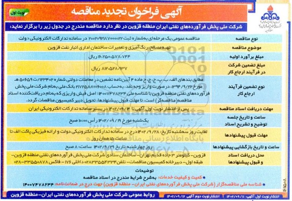 تجدید فراخوان مناقصه تهیه مصالح رنگ آمیزی و تعمیرات ساختمان اداری انبار نفت