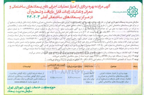 مزایده بهره برداری از امتیاز عملیات اجرایی دفع پسماندهای ساختمانی و ...