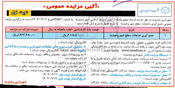 مزایده جمع آوری ضایعات سطح شهر