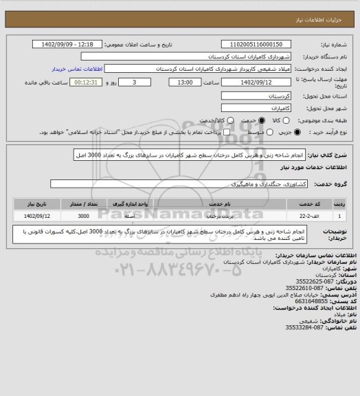 استعلام انجام شاخه زنی و هرس کامل درختان سطح شهر کامیاران در سایزهای بزرگ به تعداد 3000 اصل