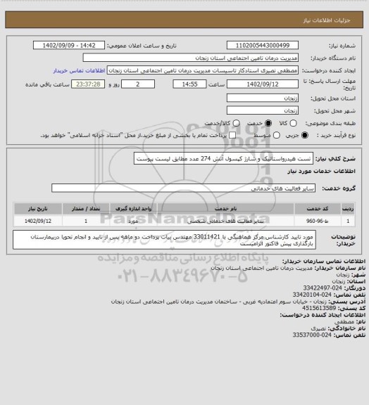 استعلام تست هیدرواستاتیک و شارژ کپسول آتش 274 عدد مطابق لیست پیوست