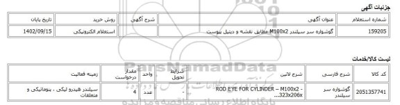 استعلام الکترونیکی، گوشواره سر سیلندر M100x2 مطابق نقشه و دیتیل پیوست