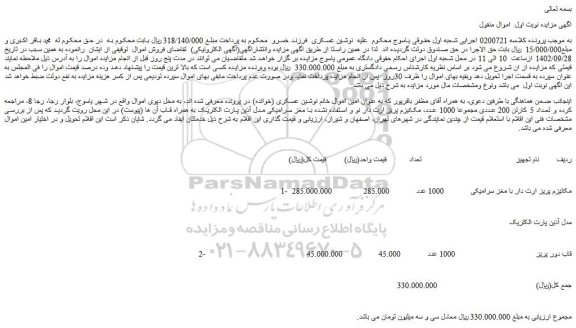 مزایده فروش مکانیزم پریز ارت دار با مغز سرامیکی و...