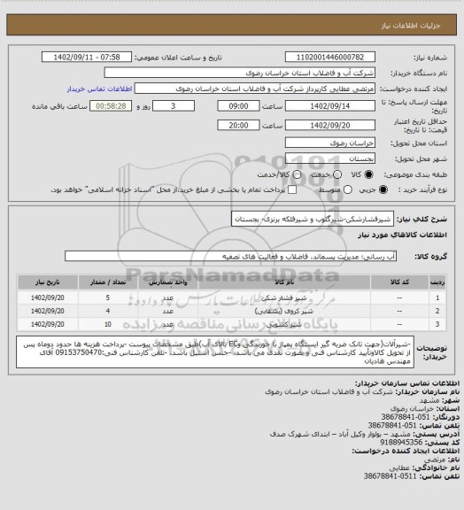 استعلام شیرفشارشکن-شیرگلوب و شیرفلکه برنزی- بجستان
