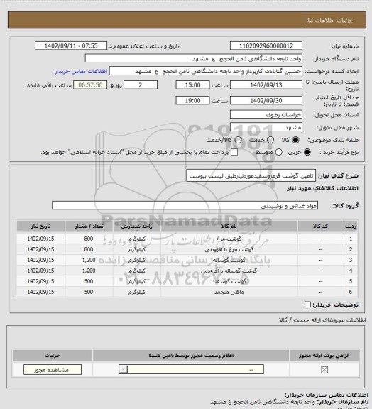 استعلام تامین گوشت قرمزوسفیدموردنیازطبق لیست پیوست