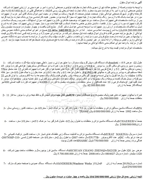 مزایده فروش 1- یک دستگاه کوره پیش گرم بیلت مدولار، با عایق حرارتی و نسوز داخلی جهت تولید میله گرد و...