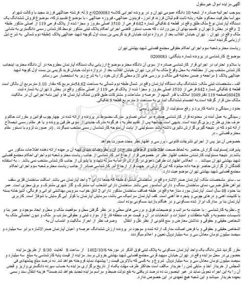 مزایده فروش شش دانگ یک واحد آپارتمان مسکونی به پلاک ثبتی