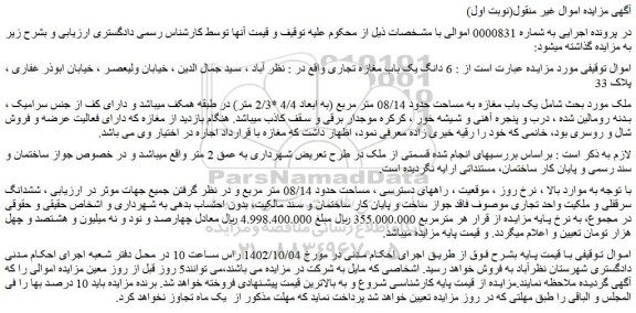 مزایده فروش 6 دانگ یک باب مغازه تجاری