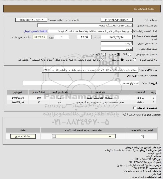 استعلام عملیات استخراج از کارگاه های 2122پیشرو و شیب منفی بلوک سی(طرح افق زیر 2400)