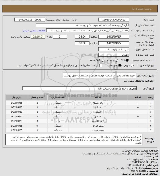 استعلام خرید تعدادی تجهیزات سخت افزاری مطابق با مشخصات فایل پیوست