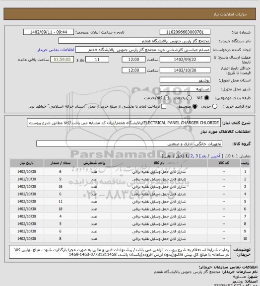 استعلام ELECTRICAL PANEL CHARGER CHLORIDE/پالایشگاه هفتم/ایران کد مشابه می باشد/کالا مطابق شرح پیوست