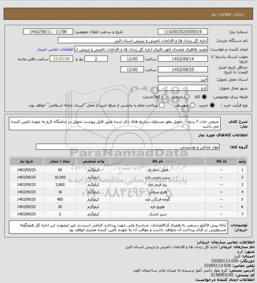 استعلام صیفی جات 7 ردیف - تحویل بطور مساوی درتاریخ های ذکر شده طبق فایل پیوست تحویل در ندامتگاه کرج به عهده تامین کننده می باشد
