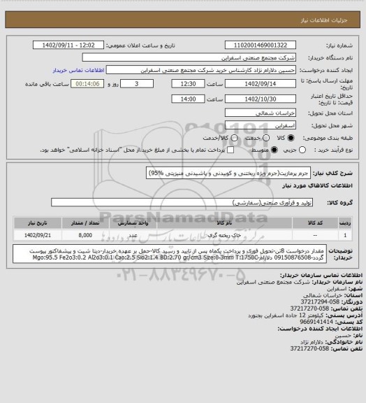 استعلام جرم پرمازیت(جرم ویژه ریختنی و کوبیدنی و پاشیدنی منیزیتی %95)