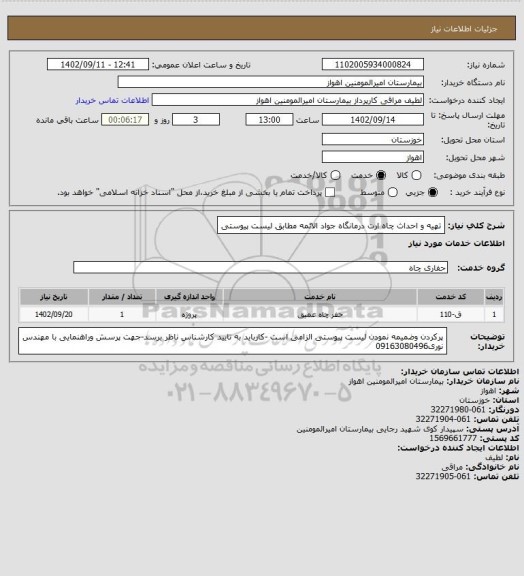 استعلام تهیه و احداث چاه ارت درمانگاه جواد الائمه مطابق لیست پیوستی