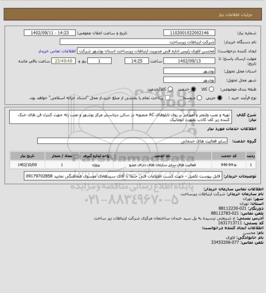 استعلام تهیه و نصب ولتمتر و آمپرمتر بر روی تابلوهای AC منصوبه در سالن دیتاسنتر مرکز بوشهر و نصب رله جهت کنترل فن های خنک کننده زیر کف کاذب بصورت اتوماتیک