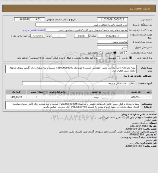 استعلام بیمه داروخانه و انبار دارویی تامین اجتماعی طبس با موجودی 25000000000 ( بیست و پنج میلیارد ریال )آتش سوزی صاعقه انفجار سیل طغیان آب