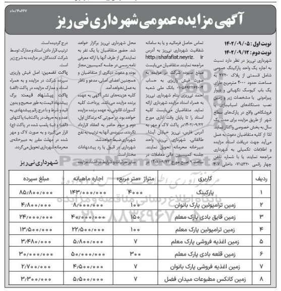 مزایده اجاره یک واحد پارکینگ عمومی- نوبت دوم