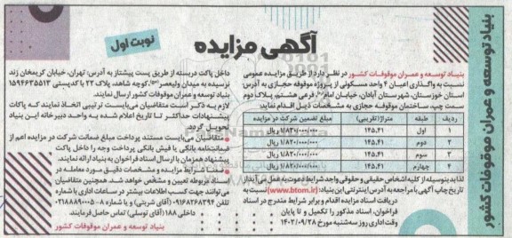 مزایده واگذاری اعیان 4 واحد مسکونی