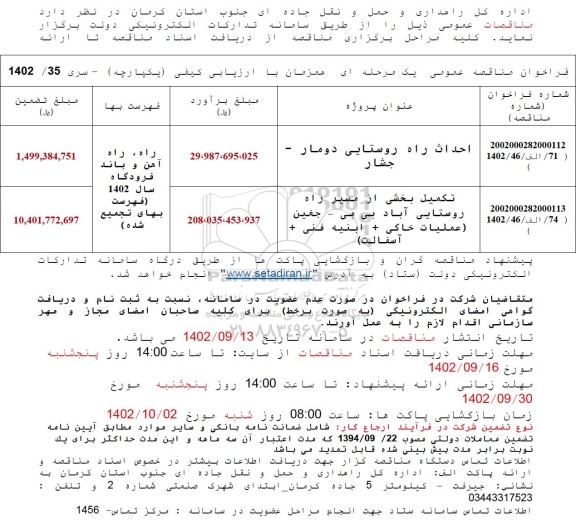 مناقصه احداث راه روستایی ....