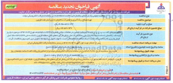 تجدید فراخوان مناقصه تهیه مصالح رنگ آمیزی و تعمیرات ساختمان اداری انبار نفت- نوبت دوم