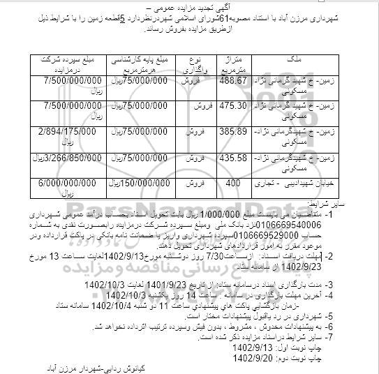 تجدید مزایده فروش 5 قطعه زمین 