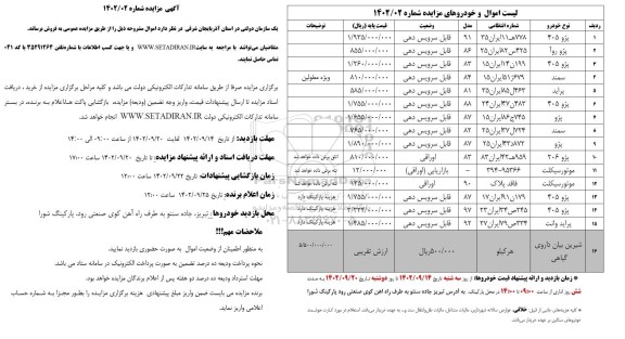 مزایده فروش 15 ردیف خودرو سواری و موتور سیکلت و 1 ردیف شیرین بیان داروی گیاهی