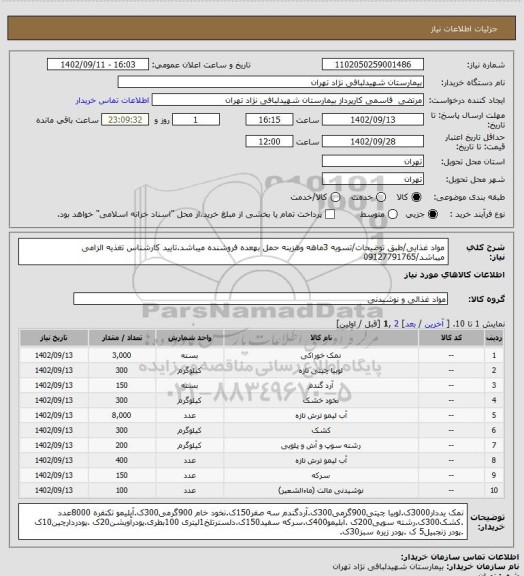 استعلام مواد غذایی/طبق توضیحات/تسویه 3ماهه وهزینه حمل بهعده فروشنده میباشد.تایید کارشناس تغذیه الزامی میباشد/09127791765