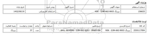 استعلام الکترونیکی، بیرینگ NSK - S/84-662-9003