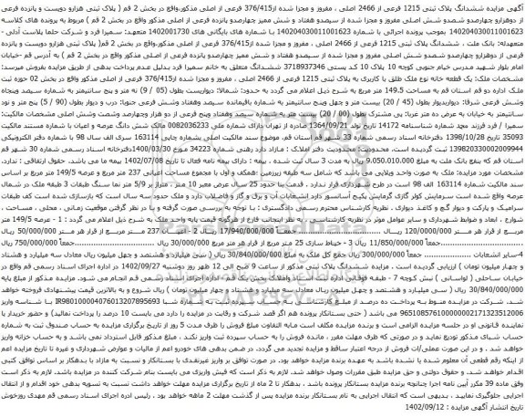 آگهی مزایده ششدانگ پلاک ثبتی 1215 فرعی از 2466 اصلی ، مفروز و مجزا شده از376/415 فرعی از اصلی