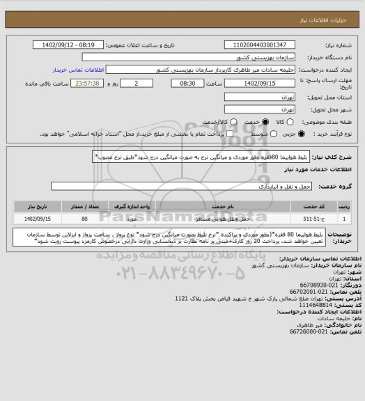 استعلام بلیط هواپیما 80فقره بطور موردی و میانگین نرخ به صورت میانگین درج شود*طبق نرخ مصوب*