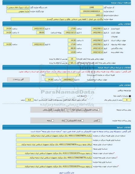 مزایده ، واگذاری حق انتفاع 1 قطعه زمین خدماتی واقع در شهرک صنعتی گرمسار -مزایده زمین - استان سمنان